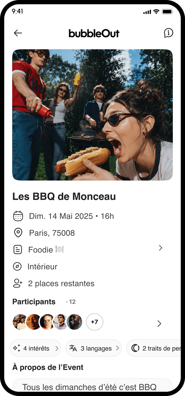 L'app bubbleOut ouverte sur un Club