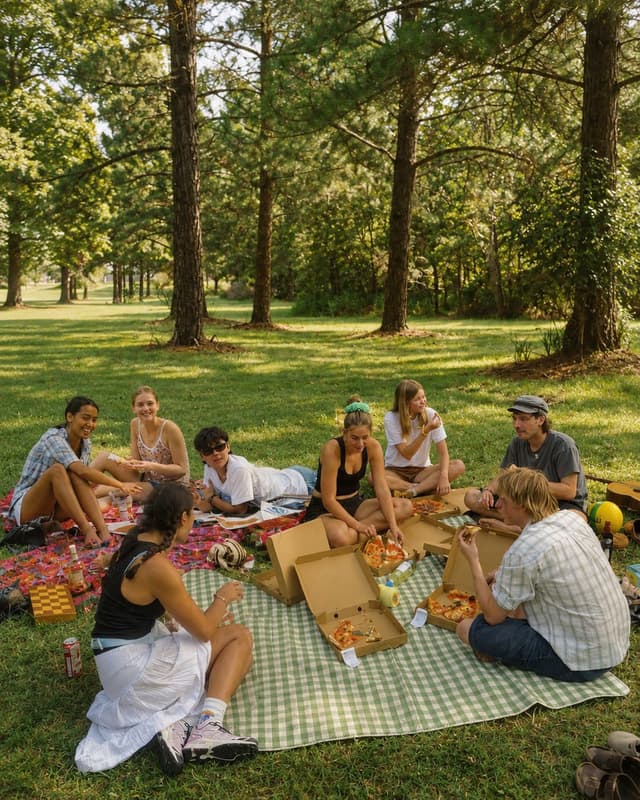 Un groupe d'humains qui pique-niquent ensemble dans un parc